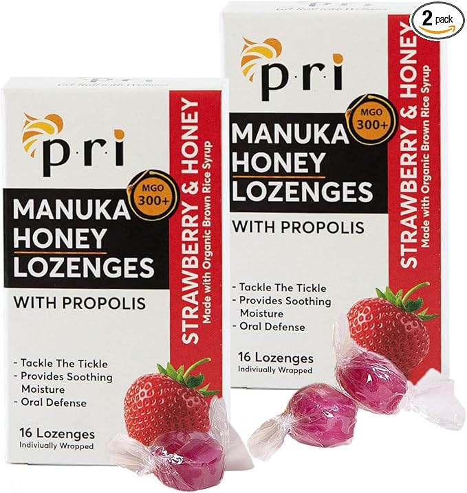P.R.I Manuka Honey Lozenges with Propolis, Soothing Cough and Throat Drops, MGO 300+ Certified (Strawberry, 16 Count/2 Pack)
