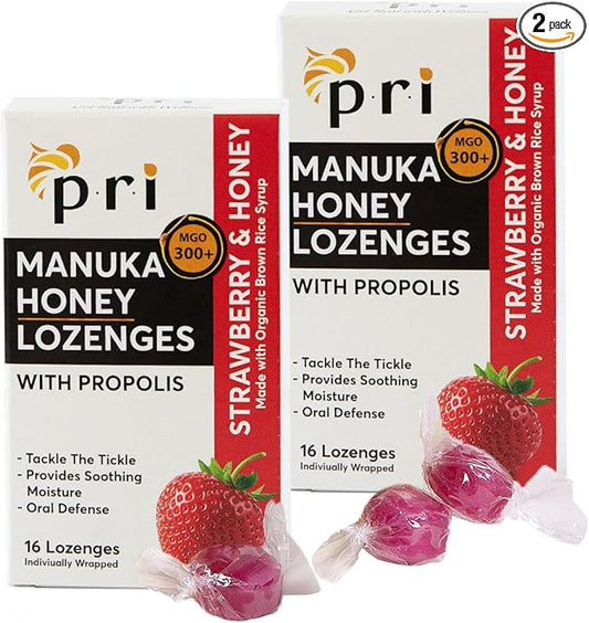 P.R.I Manuka Honey Lozenges with Propolis, Soothing Cough and Throat Drops, MGO 300+ Certified (Strawberry, 16 Count/2 Pack)