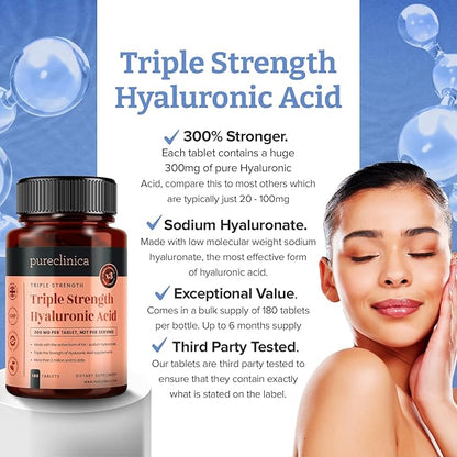 pureclinica Hyaluronic Acid 300mg x 360 Tablets (2 Bottles of 180-12 Months Supply). Triple Strength Hyaluronic Acid. 300% Stronger Than Any Other HLA Tablet.