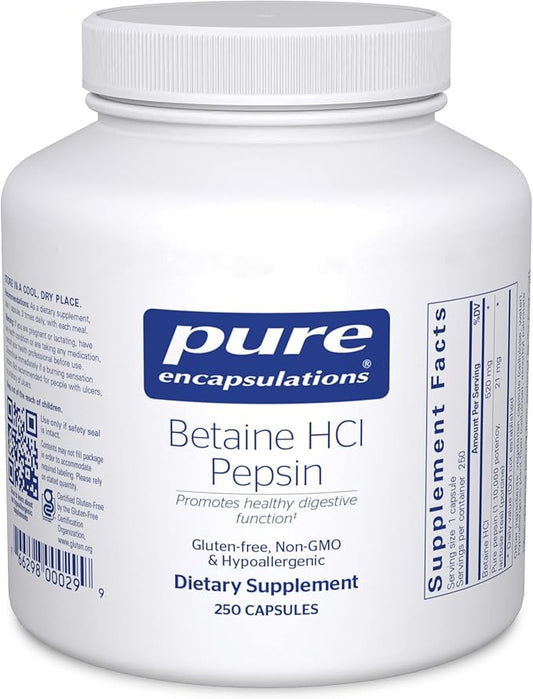 Pure Encapsulations Betaine HCl Pepsin - Digestive Enzymes Supplement for Digestion Aid & Support, Stomach Acid & Nutrient Absorption* - with Betaine HCl Pepsin - 250 Capsules