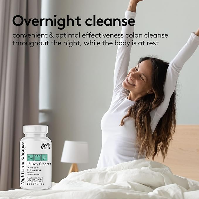 Youth & Tonic Overnight Intestinal Cleanse Supplement - Natural Constipation Relief for Men & Women with Senna Leaf, Psyllium Husk, Cascara Sagrada & Fibre - 30 Capsules. Can Be Strong for Some People