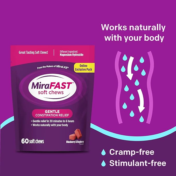 MiraFAST Soft Chews, from the makers of MiraLAX, Gentle Constipation Relief in 30min-6hrs, Fast Acting Laxative, Stimulant Free Saline Laxative, Magnesium Hydroxide, Blueberry & Raspberry Flavor, 60ct