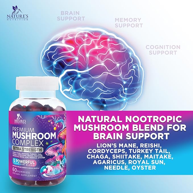 Mushroom Supplement Gummy - 12 in 1 Mushroom Complex with Lions Mane, Reishi, Cordyceps, Chaga & Turkey Tail, Immune Support & Nootropic Supplements for Memory, Brain, Energy & Focus - 60 Gummies