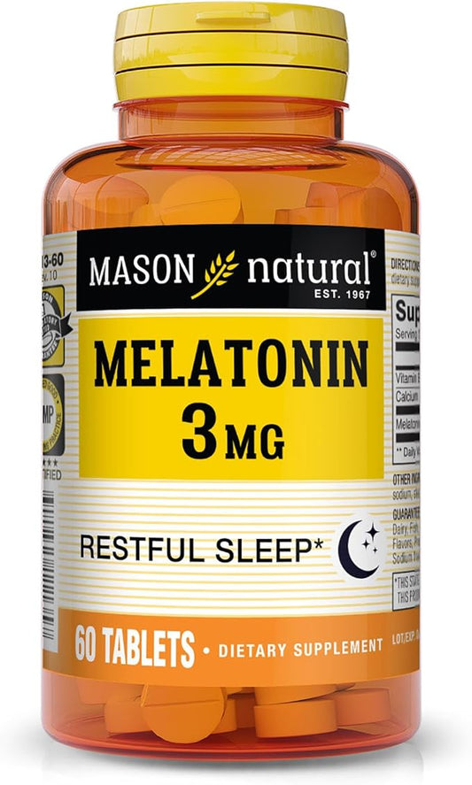 MASON NATURAL Melatonin 3 mg with B6 and Calcium, Natural Sleep Aid, Supports Healthy Sleep & Rest, 60 Tablets
