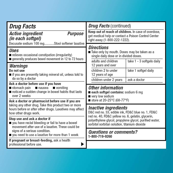 Amazon Basic Care Stool Softener Laxative, Docusate Sodium 100 mg, Softgels, for Constipation Relief, 100 Count (Pack of 2)