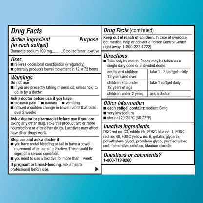 Amazon Basic Care Stool Softener Laxative, Docusate Sodium 100 mg, Softgels, for Constipation Relief, 100 Count (Pack of 2)