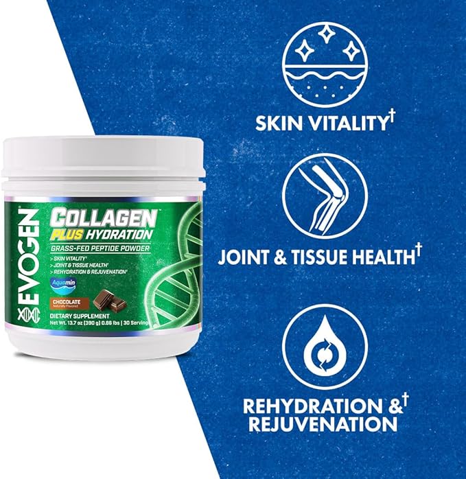 Evogen Collagen Plus Hydration - Grass-Fed Collagen for Women & Men | Collagen Peptides Powder | Collagen Powder Supporting Skin Vitality, Hydration, Joint & Tissue Health | Chocolate | 30 Servings
