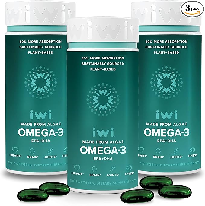 Iwi Omega-3, 90 Softgels (90 Servings), Vegan Plant-Based Algae Omega 3 with EPA + DHA, Whole-Body Support Dietary Supplement, Krill & Fish Oil Alternative, No Fishy Aftertaste