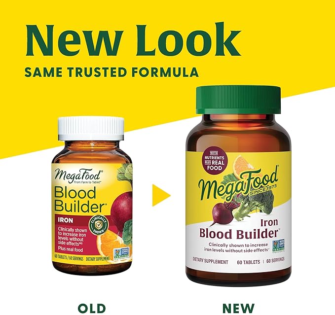 MegaFood Blood Builder Iron Supplement Clinically Shown to Increase Iron Levels Without Side Effects, Vegan Supplement For Women with Vitamin C, Vitamin B12 & Folic Acid, 180 Tablets