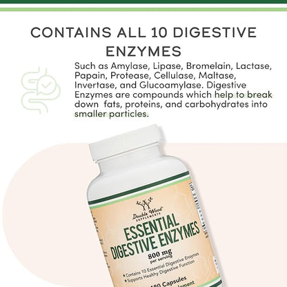 Digestive Enzymes - 800mg Blend of All 10 Most Essential Digestive and Pancreatic Enzymes (Amylase, Lipase, Bromelain, Lactase, Papain, Protease, Cellulase, Maltase, Invertase) by Double Wood