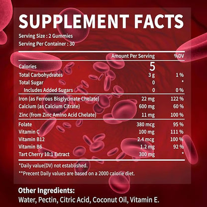Tart Cherry Iron Supplement for Women & Men, Iron Gummies with Calcium, Zinc, Folate & Vitamin C & B12 for Immune Support, (60 Count) - Sugar Free,Vegan