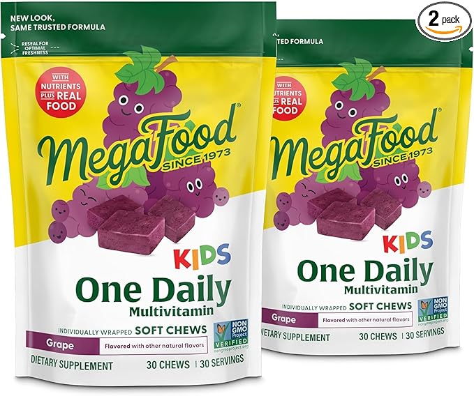 MegaFood Kids One Daily Multivitamin Soft Chews - Kids Vitamins with Vitamin B, Vitamin C, Vitamin D & Vitamin E - Age 4+, Vegetarian, Made Without 9 Food Allergens - Grape Flavor - 30 Chews (2 Pack)