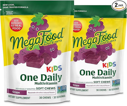 MegaFood Kids One Daily Multivitamin Soft Chews - Kids Vitamins with Vitamin B, Vitamin C, Vitamin D & Vitamin E - Age 4+, Vegetarian, Made Without 9 Food Allergens - Grape Flavor - 30 Chews (2 Pack)