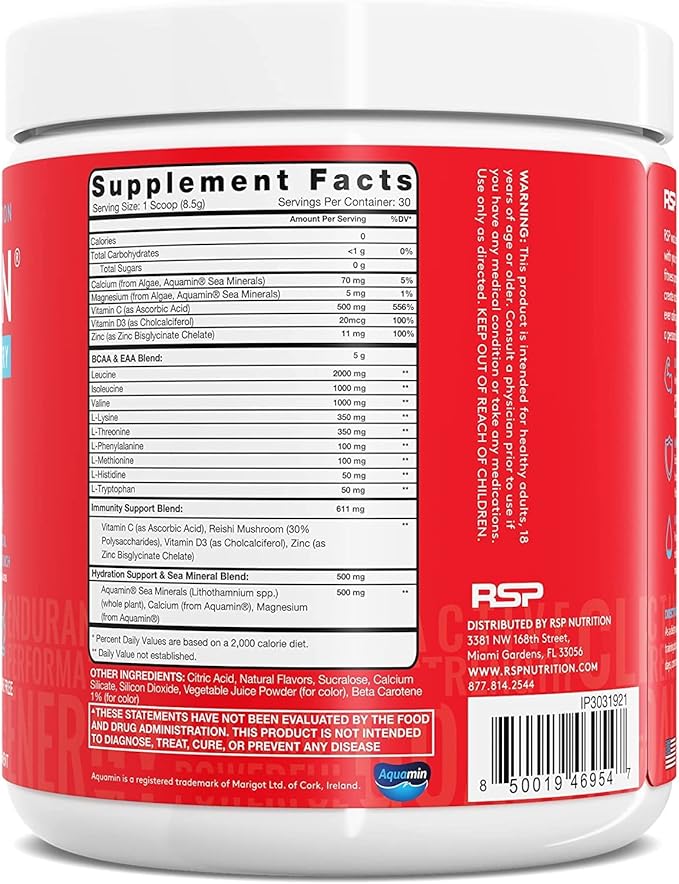 RSP AminoLean Recovery - Post Workout BCAAs Amino Acids Supplement + Electrolytes, BCAAs and EAAs for Hydration Boost, Immunity Support - Muscle Recovery Drink, Vegan Aminos, Tropical Punch