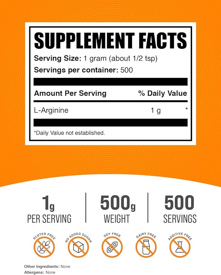 BulkSupplements.com L-Arginine Powder - Arginine Supplement, Nitric Oxide Supplement - Unflavored & Gluten Free, 1g per Serving, 500g (1.1 lbs) (Pack of 1)