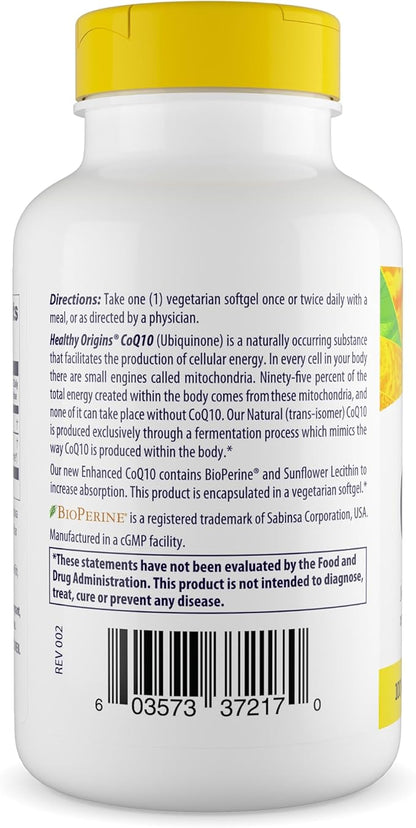 Healthy Origins Natural Enhanced CoQ10 (BioPerine®), 100 mg - Heart Health & Energy Supplement - Gluten-Free & Non-GMO Supplements, with BioPerine & Sunflower Lecithin ((Pack of 1) 150 Veggie Gels)