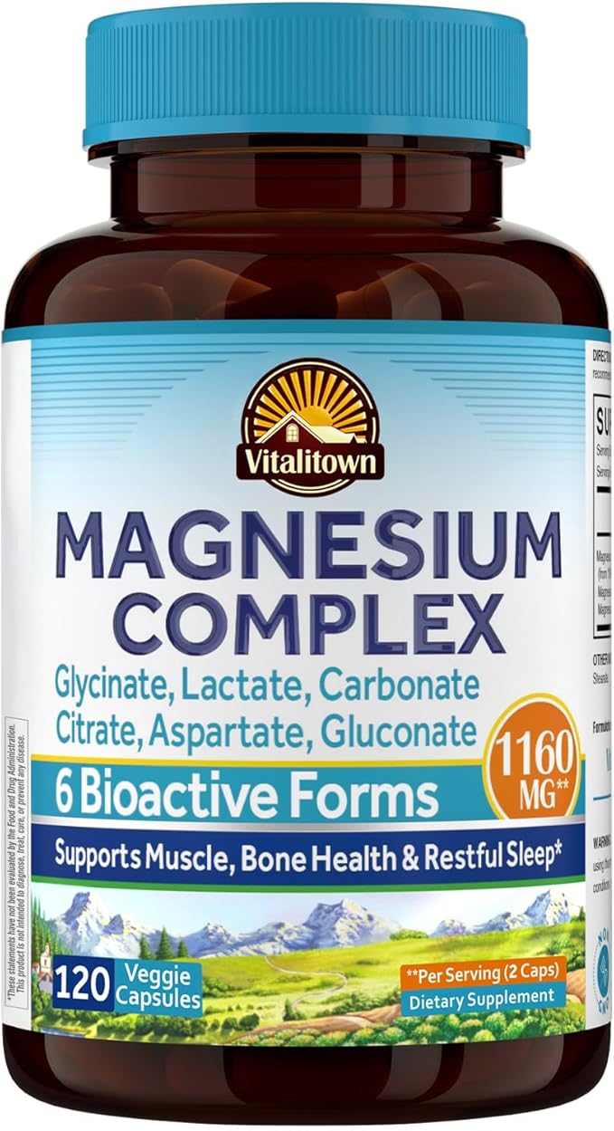Vitalitown 6-In-1 Magnesium Complex 1160mg Per Serving, Magnesium Glycinate, Citrate, Carbonate, Aspartate, Gluconate & Lactate, High Absorption, Bone, Muscle, Sleep & Digestive Health, 120 Vegan Caps