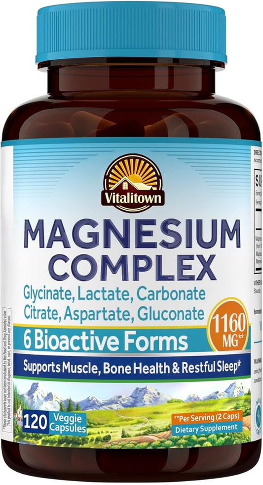 Vitalitown 6-In-1 Magnesium Complex 1160mg Per Serving, Magnesium Glycinate, Citrate, Carbonate, Aspartate, Gluconate & Lactate, High Absorption, Bone, Muscle, Sleep & Digestive Health, 120 Vegan Caps