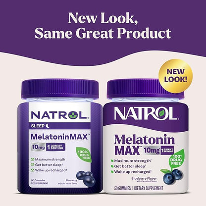Natrol Melatonin 10mg Sleep Aid Supplement, 50 Count MelatoninMax Gummies, Blueberry Flavor, 10 mg Melatonin Gummies for Occasional Sleeplessness, 50 Day Supply