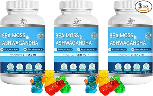 BIO VITALICA Sea Moss Ashwagandha Gummies - Organic Irish Seamoss & Ashwa Root Powder Supplements for Supporting Energy & Immunity for Men and Women - 3 Packs