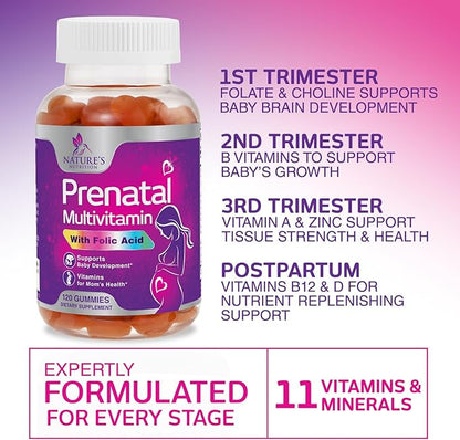 Prenatal Gummy with Folic Acid, Prenatal Vitamins and Minerals for Fetal Support, Vitamin A, C, D3, B12, B6 & Folate, Prenatal Multivitamin for Pregnant & Nursing Women - 120 Gummies, 60 Day Supply