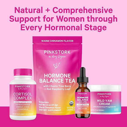 Pink Stork Hormone Balance Support Liquid - Hormonal Health, PMS and Period Relief, Menopause + Mood Support, Herbal Supplement for Women with Red Raspberry Leaf & Wild Yam - Vegan, 2 oz, 30 Servings