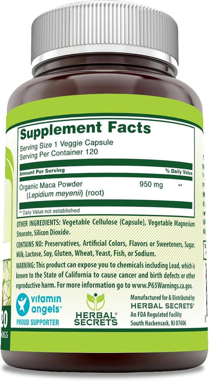 Herbal Secrets Maca Supplement | 950 Mg | 120 Veggie Capsules | Non-GMO | Gluten Free | Made in USA