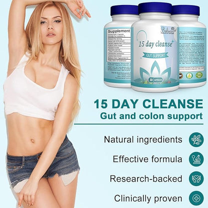 15 Day Cleanse, Gut and Colon Support, Advanced 15 Day Gut Cleanse Detox for Women & Men with Senna, Cascara Sagrada & Psyllium Husk, Non-GMO, 30 Capsules