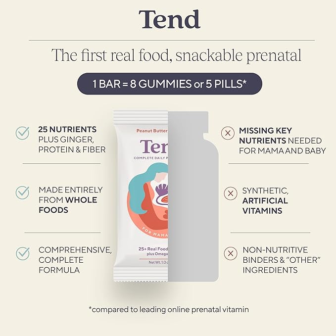 Tend Daily Best Prenatal Vitamin Bar, Made with Organic Ingredients for Pregnant & Postpartum Mothers, Includes DHA, Vitamin D, B, Choline, Folate, Sunflower Lecithin - Strawberry Patch (7ct)