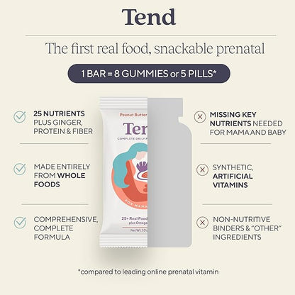 Tend Daily Best Prenatal Vitamin Bar, Made with Organic Ingredients for Pregnant & Postpartum Mothers, Includes DHA, Vitamin D, B, Choline, Folate, Sunflower Lecithin - Strawberry Patch (7ct)