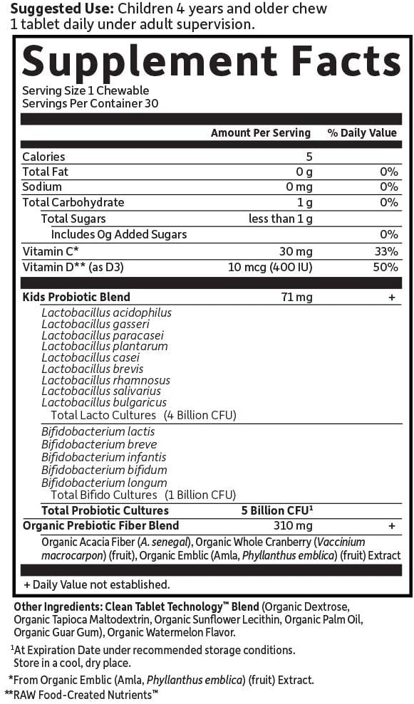Garden of Life Dr. Formulated Probiotics Organic Kids+ Plus Vitamin C & D - Watermelon - Gluten, Dairy & Soy Free Immune & Digestive Health Supplement, No Added Sugar, 30 Chewables (Shelf Stable)
