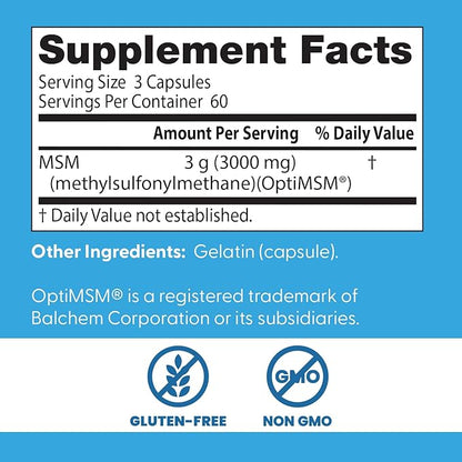 Doctors Best MSM, Supports Hair, Skin, Nails, & Joints, Non-GMO, Gluten Free, 3000 mg Per Serving, 180 Capsules