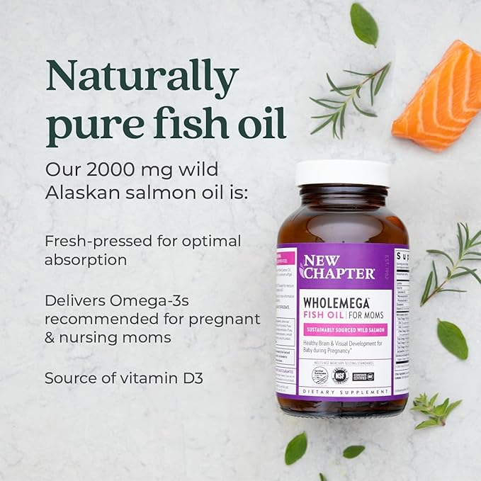 New Chapter Wholemega for Moms Fish Oil Supplement - Prenatal DHA with Omega-3 + Vitamin D3 for Prenatal & Postnatal Support - 90 ct, 500mg Softgels