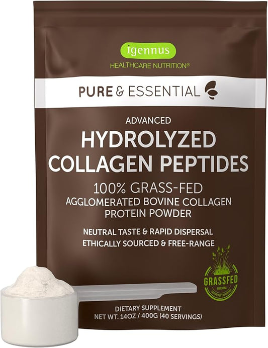 Igennus Highest Grade Hydrolyzed Collagen Peptides, Clean Label, 100% Grass Fed Bovine Collagen Protein Powder, for Collagen Types 1, 2 & 3 for Women & Men, Non-GMO, Free Range, 40 Servings