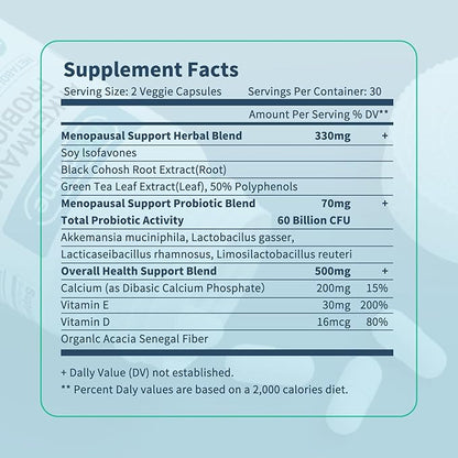 Menopause Probiotic Supplements for Women - 60 Billion CFU Akkermansia Probiotics for Hormone Balance, Night Sweats, Hot Flashes Relief, Gut Health - 60 Ct