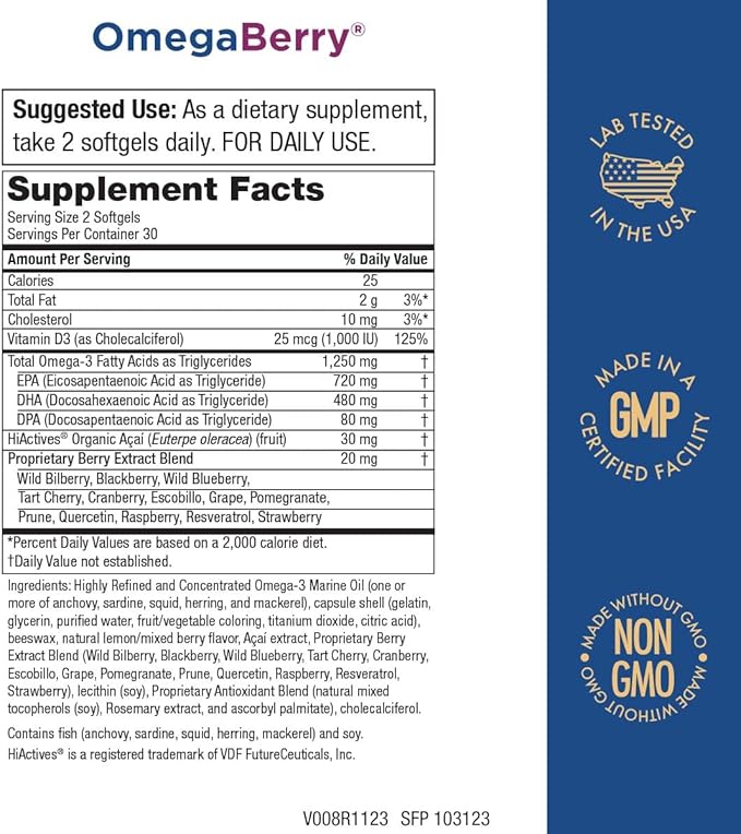 Purity Products OmegaBerry Fish Oil with Vitamin D3 and Organic Acai - 1250mg Concentrated Molecularly Distilled Ultra Pure Omega-3 Fish Oil, 500mg DHA + 650mg EPA - 60 Soft Gels - 30 Day Supply from