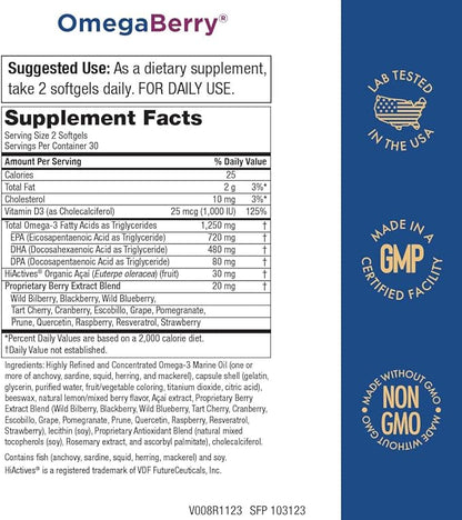 Purity Products OmegaBerry Fish Oil with Vitamin D3 and Organic Acai - 1250mg Concentrated Molecularly Distilled Ultra Pure Omega-3 Fish Oil, 500mg DHA + 650mg EPA - 60 Soft Gels - 30 Day Supply from