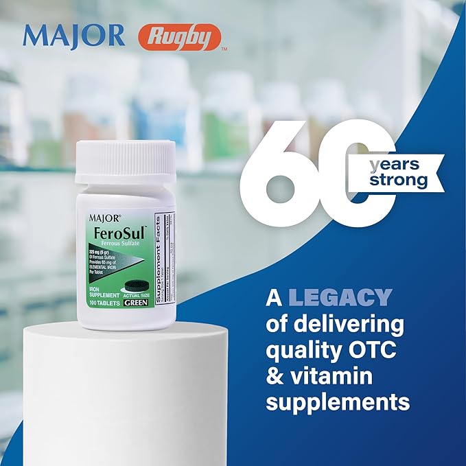Major Ferosul - Ferrous Sulfate 325mg Tablets with 65mg of Elemental Iron - Iron Supplement for Women, Men - Green - 100 Count