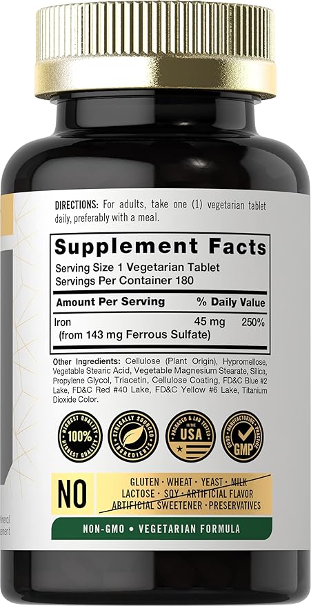 Carlyle Slow Release Iron 45 mg | 180 Tablets | Ferrous Sulfate Mineral Supplement | for Men & Women | Vegetarian, Non-GMO, and Gluten Free Formula
