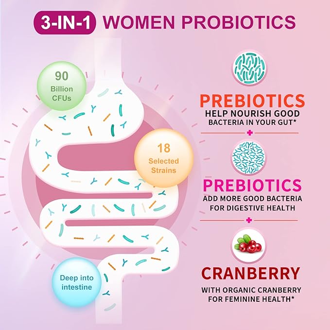 Women's Probiotic, with Cranberry Extract, Organic Prebiotics & Vitamin C, 90 Billion CFUs,18 Strains, Help for Boost Immune, Digestive, Gut Health & Women's Health, Gluten & Soy Free,90 Tablets