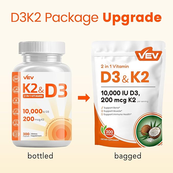VEV Vitamin D3 K2, 10,000 IU D3, 200mcg K2 (with MK7), Supports Bone and Teeth Health, Dual Nutrient Support for Daily Wellness, Easy to Swallow (Packaging May Vary) – 300 Capsules
