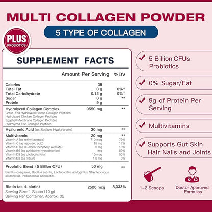 Multi Collagen Peptides Powder with Probiotics - Type I II III V X - Hydrolyzed Collagen Peptides with Multivitamins, Hyaluronic Acid & Biotin - Support Skin Hair Nail Joints & Gut, 35 Servings