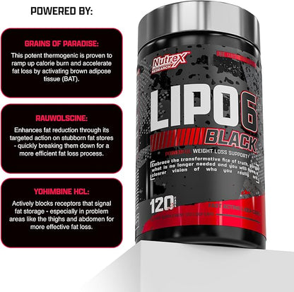 Nutrex Lipo-6 Black Max Strength Fat Burner - Fast Acting Energy, Weight Loss Diet Pills – Appetite Suppressant, Metabolism Booster - 120 Capsules