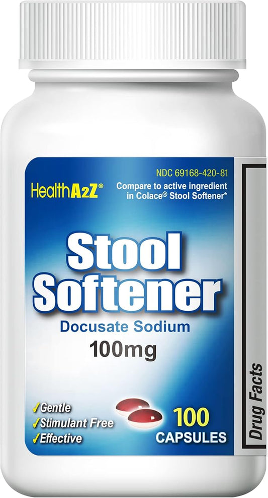 HealthA2Z® Stool Softener | Docusate Sodium 100mg | Red & White Capsules | Dependable | Gentle Constipation Relief (100 Counts)