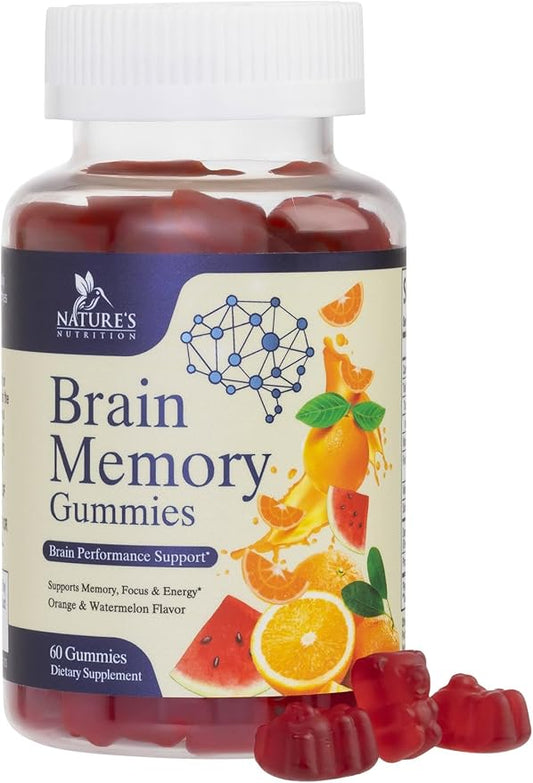 Brain Supplements for Memory, Focus, Concentration - Brain Gummy Vitamin Plus Nootropics, Phosphatidylserine, B6 & B12, Caffeine Free Nootropic, Clarity & Memory Support Supplement - 60 Gummies
