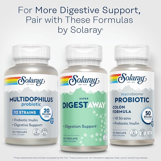 SOLARAY Super Digestaway Digestive Enzymes - Pancreatin, Papain, Ginger, Pepsin, Betaine HCl, Aloe Vera, and More - Digestion & Nutrient Absorption Support - Lab Verified - 60 VegCaps