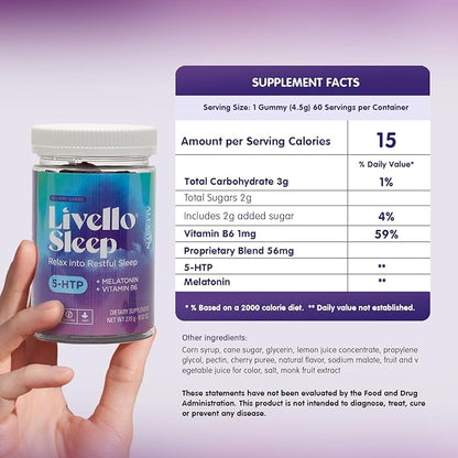 Livello Sleep Wild Berry Gummies - 60 Servings Natural Sleep Support with 5-HTP, Melatonin, and Vitamin B6 for Peaceful Night, Vegan & Gluten-Free