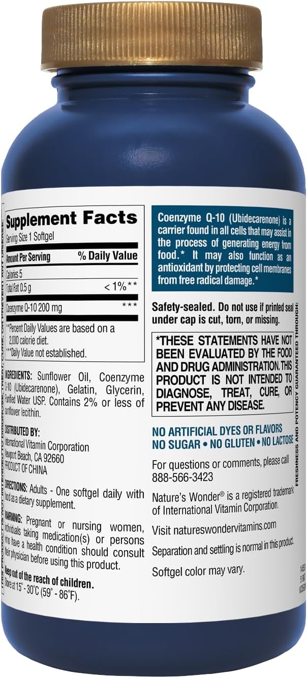 Nature's Wonder CoQ10 Supplement - CoQ10 200mg Softgels to Support Heart Health, Cardiovascular Function, and Cellular Energy Production, 120 Softgels, 120 Days Supply