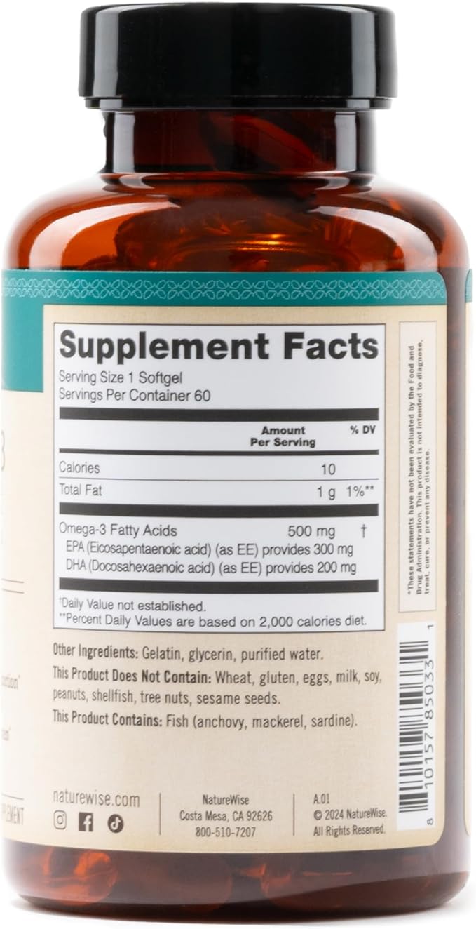 NatureWise Omega 3 Fish Oil - 500 mg per Pill - EPA & DHA - Immune Support, Brain & Optimal Wellness - Gluten and Soy Free, Non-GMO - 60 Softgels[2-Month Supply]