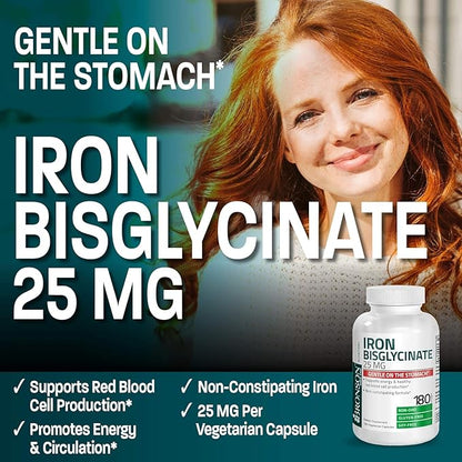 Bronson Iron Bisglycinate 25 mg Gentle on The Stomach, Supports Energy & Healthy Red Blood Cell Production - Non-Constipating Formula - Non GMO, 360 Vegetarian Capsules